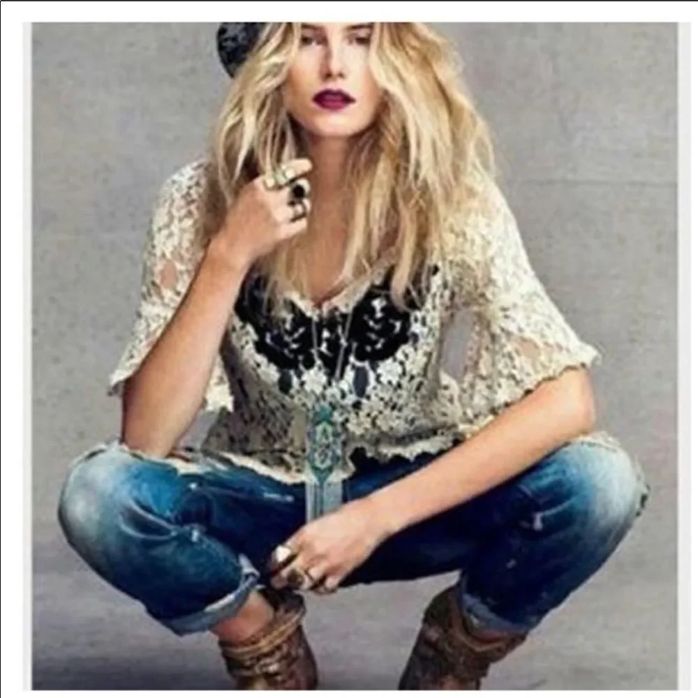 FREE PEOPLE | With Flair Cream Lace Peplum Top M